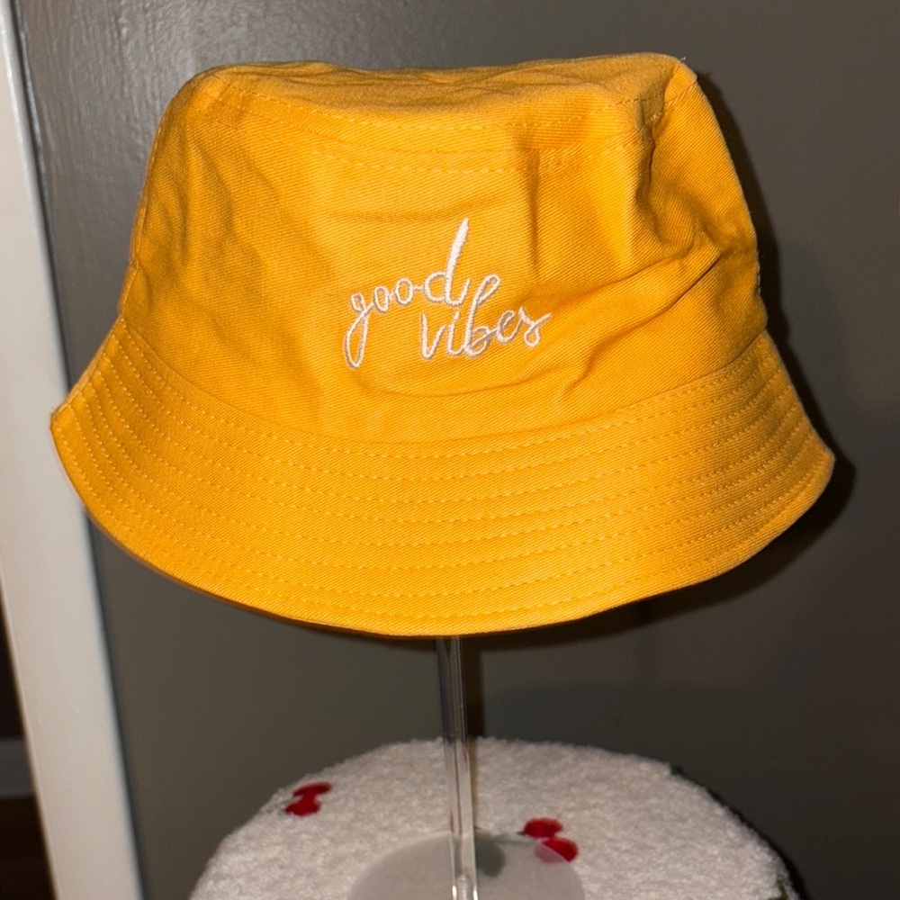 GOOD VIBES Yellow Bucket Hat with Embroidered Text